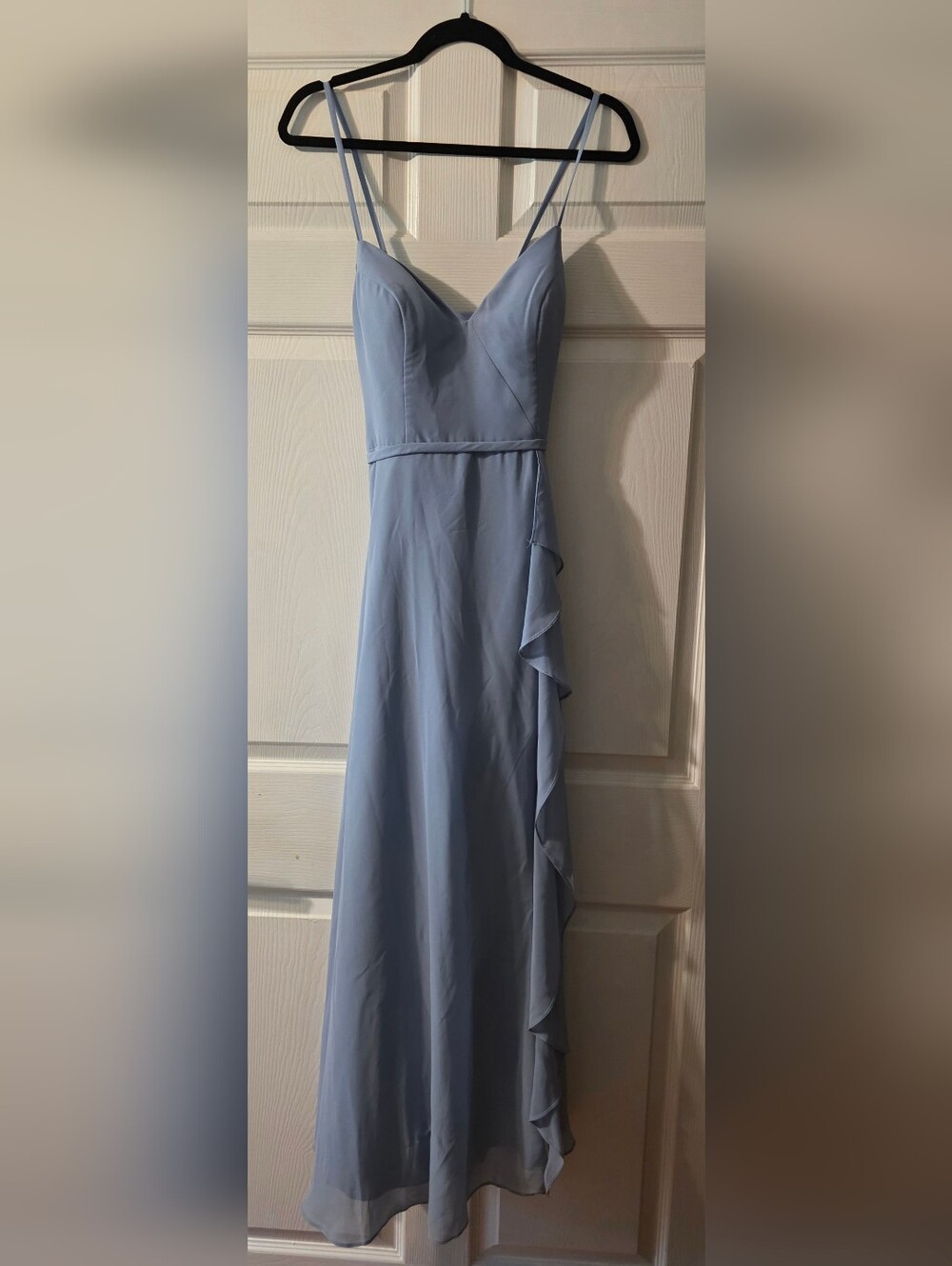 Azazie Sleeveless V-Neck Blue Ruffle Front Slit Maxi Dress Sz 6 - Picture 2 of 13